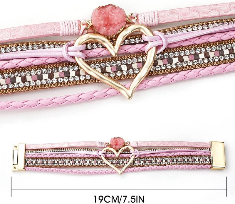 Suyi Multilayer Leather Wrap Bracelet Heart-Shape Wide Cuff Bracelets for Women - Image 5